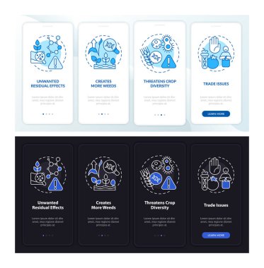 Mobil uygulama ekranında Gmo gece ve gündüz modunun avantajları. Doğrusal kavramlarla dolu dört adımda grafik talimatları uygula. UI, UX, GUI şablonu. Kullanılan sayısız Pro-Kalın, Düzenli yazı tipleri