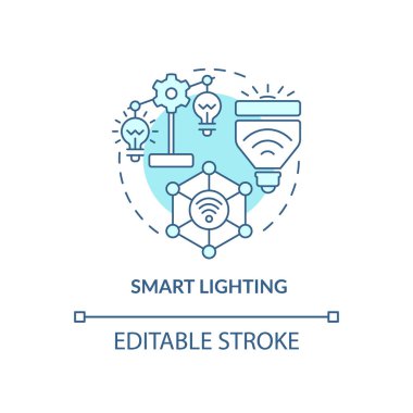 Akıllı ışıklandırma turkuaz konsept simgesi. Akıllı ev aleti soyut fikir ince çizgi çizimi. Enerji korunumu. İzole bir taslak çizim. Düzenlenebilir felç. Arial, Myriad Pro-Kalın yazı tipleri
