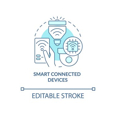 Akıllı bağlantılı aygıtlar turkuaz konsept simgesi. Ev otomasyon sistemi soyut fikir ince çizgi çizimi. İzole bir taslak çizim. Düzenlenebilir felç. Arial, Myriad Pro-Kalın yazı tipleri