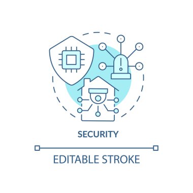Güvenlik turkuaz konsept simgesi. Akıllı teknolojiler soyut fikir ince çizgi çiziminden yararlanır. Ev otomasyon sistemi. İzole bir taslak çizim. Düzenlenebilir felç. Arial, Myriad Pro-Kalın yazı tipleri