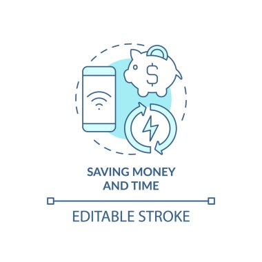 Para ve zaman turkuaz konsept ikonu biriktiriyorum. Evde soyut ve ince çizgili resimlerde akıllı ürünler kullanmak. İzole bir taslak çizim. Düzenlenebilir felç. Arial, Myriad Pro-Kalın yazı tipleri
