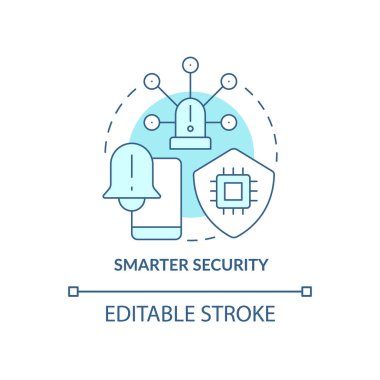 Daha akıllı güvenlik turkuaz konsept ikonu. Yaşlılar için izleme hizmeti soyut fikir soyut ince çizgi çizimi. İzole bir taslak çizim. Düzenlenebilir felç. Arial, Myriad Pro-Kalın yazı tipleri
