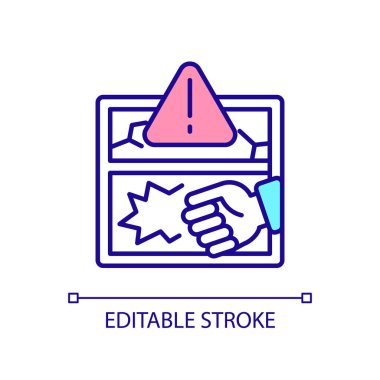 Pencereleri kırmak RGB renk simgesini riske atar. Kamu malına zarar verme. Ciddi bir suç. Özel mülke zarar vermek. İzole vektör çizimi. Basit bir çizgi çizimi. Düzenlenebilir felç. Kullanılan Arial yazı tipi