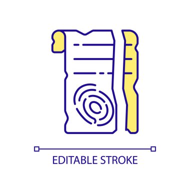 Yırtılmış antik el yazması RGB renk simgesi. Yırtık eski kağıt. Kaçış odası eşyaları yok edildi. Mülk ihlali. İzole vektör çizimi. Basit bir çizgi çizimi. Düzenlenebilir felç. Kullanılan Arial yazı tipi