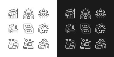 Takım etkinlik pikseli mükemmel doğrusal simgeler karanlık, aydınlık mod için ayarlandı. Proje üzerinde çalışmak için işbirliği ve takım çalışması. Gece ve gündüz teması için ince çizgi sembolleri. İzole çizimler. Düzenlenebilir vuruş