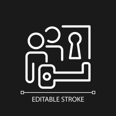 Koyu tema için beyaz doğrusal simge çözme sorunu. Objektif bir proje üzerinde çalışıyoruz. İnce çizgili çizim. Gece modu için izole edilmiş sembol. Düzenlenebilir felç. Kullanılan Arial yazı tipi