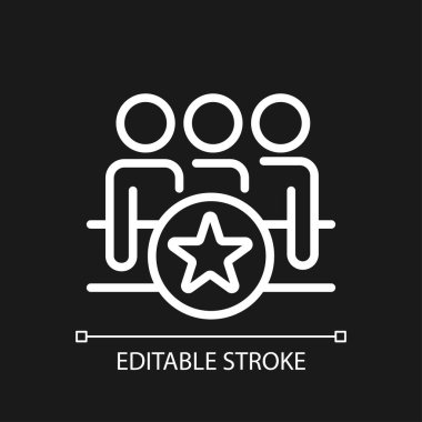 Takım çalışması ödül pikseli koyu tema için mükemmel beyaz doğrusal simge. Proje için başarılı ortaklık. İnce çizgili çizim. Gece modu için izole edilmiş sembol. Düzenlenebilir felç. Kullanılan Arial yazı tipi