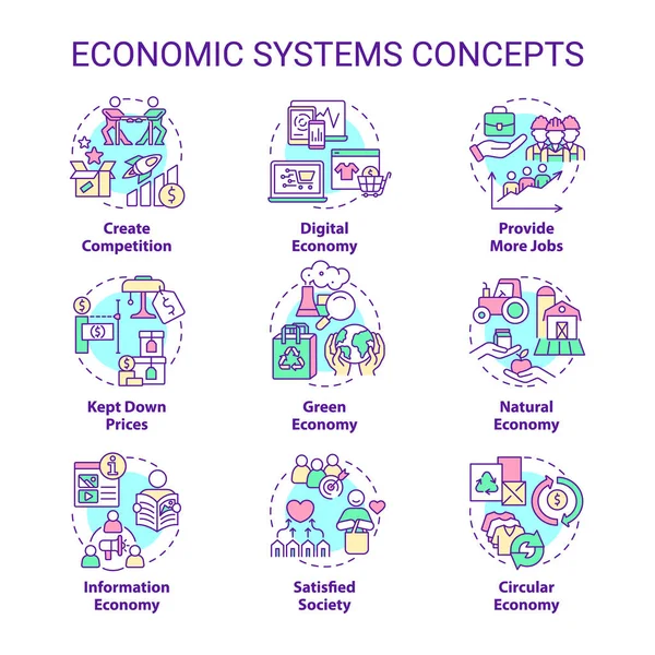 Ekonomik sistem konsept simgeleri ayarlandı. Üretim ve dağıtım. Mal ve servis fikri ince çizgi renkli çizimler. İzole semboller. Düzenlenebilir felç. Kullanılan Roboto-Orta, Myriad Pro-Kalın yazı tipleri