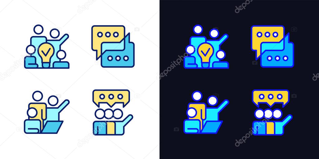 Group tasks pixel perfect light and dark theme color icons set. Sharing opinions. Simple filled line drawings. Bright cliparts on white and black. Editable stroke. Quicksand-Light font used