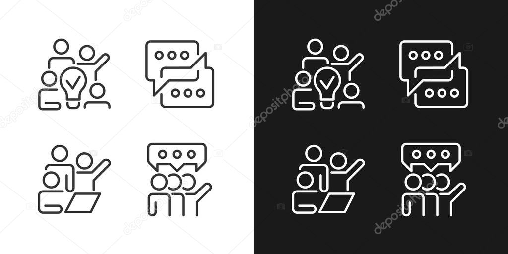 Group tasks pixel perfect linear icons set for dark, light mode. Communication for collaborative process. Thin line symbols for night, day theme. Isolated illustrations. Editable stroke