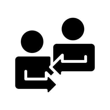 Karşılıklı geri bildirim simgesi. İş arkadaşlarıyla iş projesinde fikir paylaşımı. Profesyonel ortaklık. Beyaz uzayda siluet sembolü. Piktogram sağlammış. Vektör izole illüstrasyonu