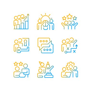 Takım aktivitesi gradyan doğrusal vektör simgeleri ayarlandı. Proje üzerinde çalışmak için işbirliği ve takım çalışması. Başarılı bir birliktelik. İnce çizgili sembol demetleri dizayn eder. İzole edilmiş taslak illüstrasyon koleksiyonu