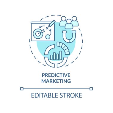 Turkuaz konsept ikonu tahmin edilebilir pazarlama. Reklam davaları. Müşteri soyut fikirleri ince çizgi illüstrasyonuna bağlıyor. İzole bir taslak çizim. Düzenlenebilir felç. Arial, Myriad Pro-Kalın yazı tipleri