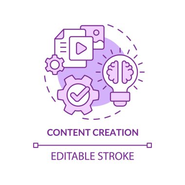 İçerik oluşturma mor konsept simgesi. Seo optimizasyonu. Soyut fikirlerin pazarlanmasında yapay zeka. İnce çizgi çizimi. İzole bir taslak çizim. Düzenlenebilir felç. Arial, Myriad Pro-Kalın yazı tipleri