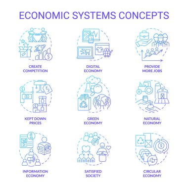 Ekonomik sistemler mavi gradyan konsept simgeleri ayarlandı. Üretim ve dağıtım. Mal ve servis fikri ince çizgi renkli çizimler. İzole semboller. Kullanılan Roboto-Orta, Myriad Pro-Kalın yazı tipleri