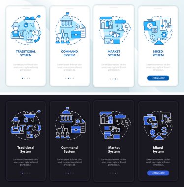 Ekonomik sistem mobil uygulama ekranında gece gündüz modunu yazıyor. Doğrusal kavramlarla dolu dört adımda grafik talimatları uygula. UI, UX, GUI şablonu. Kullanılan sayısız Pro-Kalın, Düzenli yazı tipleri