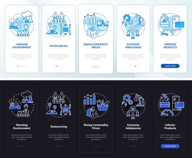 Piyasa ekonomisi dezavantajlı gece, gündüz modu mobil uygulama ekranında. Çizgisel kavramlarla dolu 5 aşamalı grafik talimatları. UI, UX, GUI şablonu. Kullanılan sayısız Pro-Kalın, Düzenli yazı tipleri