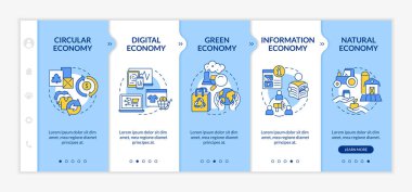 Ekonomi modelleri mavi ve beyaz şablon üzerinde. Pazarlama stratejisi. Doğrusal konsept simgeleriyle cevap veren mobil web sitesi. Web sayfasında 5 basamaklı ekranlar. Kullanılan Lato Kalın, Düzenli yazı tipleri