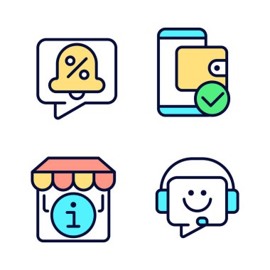 Alışveriş sitesi arayüzü pikseli mükemmel RGB renk simgeleri seti. İndirim bildirimi. Elektronik cüzdan. İzole vektör çizimleri. Basit çizgi çizimleri koleksiyonu. Düzenlenebilir vuruş