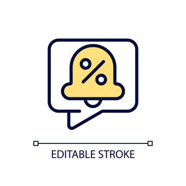 Satışlar ve indirim bildirimleri piksel mükemmel RGB renk simgesi. İnternetten alışveriş. İnternet postası. İzole vektör çizimi. Basit bir çizgi çizimi. Düzenlenebilir felç. Kullanılan Arial yazı tipi