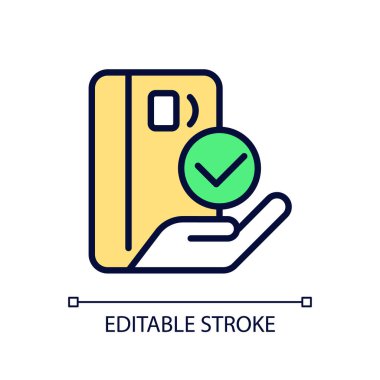 Kredi kartı piksel ile ödeme mükemmel RGB renk simgesi. İnternetten al. Banka kartı. Dijital para. İzole vektör çizimi. Basit bir çizgi çizimi. Düzenlenebilir felç. Kullanılan Arial yazı tipi