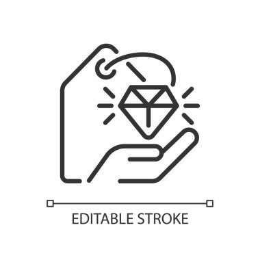 Premium ürün pikseli mükemmel doğrusal simge. Lüks ve nadir bulunan ürünler. Pahalı bir alışveriş. Çevrimiçi iş. İnce çizgili çizim. Contour sembolü. Vektör çizimi. Düzenlenebilir felç. Kullanılan Arial yazı tipi