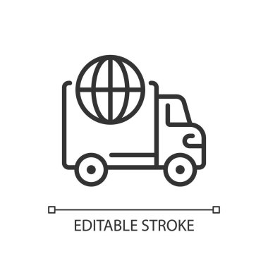 Uluslararası dağıtım piksel mükemmel doğrusal simge. Dünya çapında sevkiyat. İthalat ve ihracat. İnce çizgili çizim. Contour sembolü. Vektör çizimi. Düzenlenebilir felç. Kullanılan Arial yazı tipi