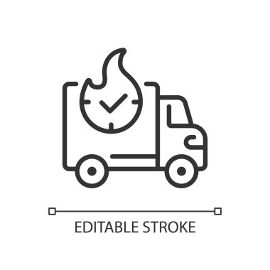 Ekspres dağıtım piksel mükemmel doğrusal simge. Acil sevkiyat ve lojistik servisi. İnternetten alışveriş. İnce çizgili çizim. Contour sembolü. Vektör çizimi. Düzenlenebilir felç. Kullanılan Arial yazı tipi