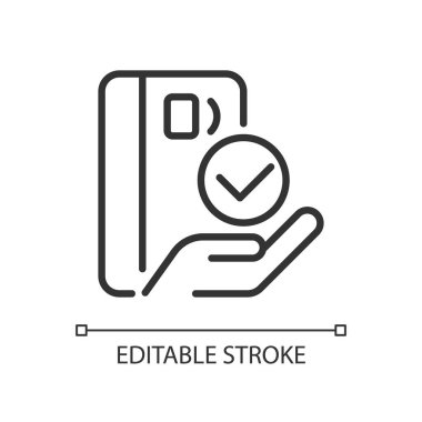 Kredi kartı piksel ile ödeme mükemmel doğrusal simge. İnternetten al. Banka kartı. Dijital para. İnce çizgili çizim. Contour sembolü. Vektör çizimi. Düzenlenebilir felç. Kullanılan Arial yazı tipi