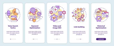 SEO pazarlama trendleri mobil uygulama ekranında. Optimizasyon 5 adım grafik talimatları sayfaları doğrusal kavramlarla birlikte. UI, UX, GUI şablonu. Kullanılan sayısız Pro-Kalın, Düzenli yazı tipleri