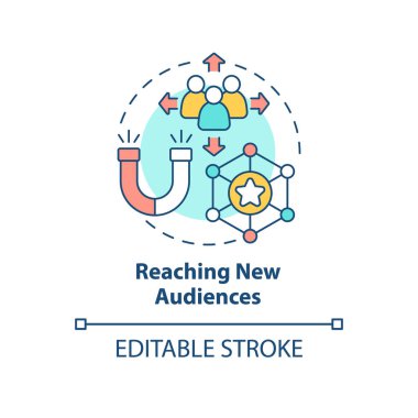 Yeni izleyici konsepti simgesine ulaşılıyor. Reklam kampanyası. SMM pazarlama eğilimi soyut fikir ince çizgi çizimi. İzole bir taslak çizim. Düzenlenebilir felç. Arial, Myriad Pro-Kalın yazı tipleri