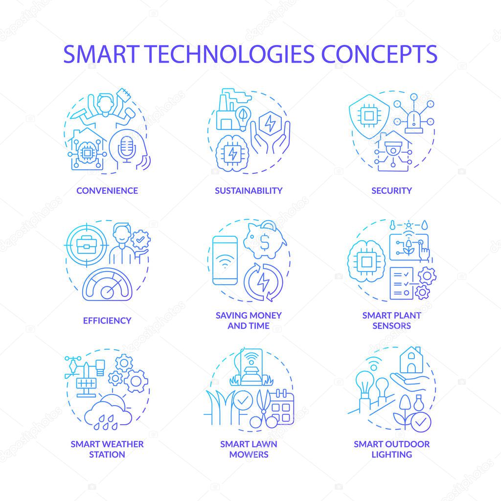 Smart technologies blue gradient concept icons set. Security and efficiency idea thin line color illustrations. Smart plant sensors. Isolated symbols. Roboto-Medium, Myriad Pro-Bold fonts used