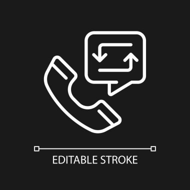 Koyu tema için geri çağırma seçeneği piksel mükemmel beyaz doğrusal simgesi. Etkileşimli ses sistemi. Otomatik çağrı. İnce çizgili çizim. Gece modu için izole edilmiş sembol. Düzenlenebilir felç. Kullanılan Arial yazı tipi