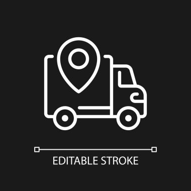 Sevkiyat bölgeleri koyu tema için mükemmel beyaz doğrusal simge. Teslimat servis alanı. İnternet sitesi bilgileri. İnce çizgili çizim. Gece modu için izole edilmiş sembol. Düzenlenebilir felç. Kullanılan Arial yazı tipi