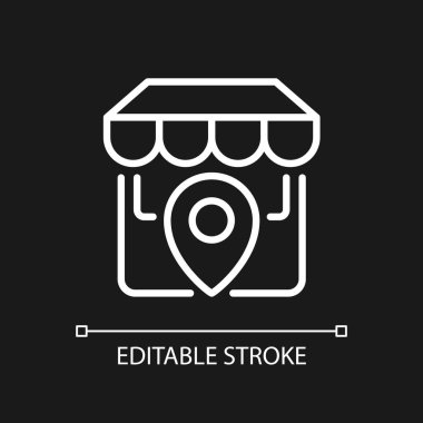 Koyu tema için konum pikselini mükemmel beyaz doğrusal simge olarak kaydet. Beden eğitimi pozisyonu. Piyasa adresi. İnce çizgili çizim. Gece modu için izole edilmiş sembol. Düzenlenebilir felç. Kullanılan Arial yazı tipi