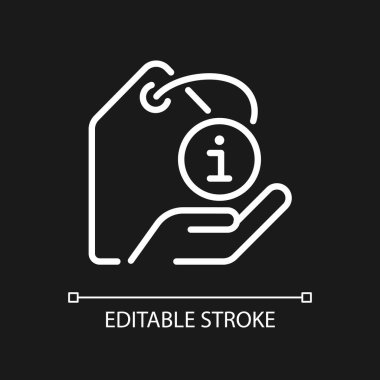 Ürün bilgi pikseli koyu tema için mükemmel beyaz doğrusal simge. Eşkal. Malzeme ve malzemeler. İnce çizgili çizim. Gece modu için izole edilmiş sembol. Düzenlenebilir felç. Kullanılan Arial yazı tipi