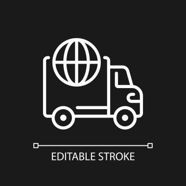 Karanlık tema için uluslararası dağıtım pikseli mükemmel beyaz doğrusal simge. Dünya çapında sevkiyat. İthalat ve ihracat. İnce çizgili çizim. Gece modu için izole edilmiş sembol. Düzenlenebilir felç. Kullanılan Arial yazı tipi