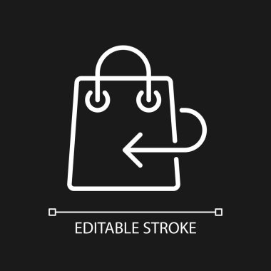 Karanlık tema için geri döndürme politikası pikseli mükemmel beyaz doğrusal simgesi. Tazminat bilgisi. İnternetten alışveriş. İnce çizgili çizim. Gece modu için izole edilmiş sembol. Düzenlenebilir felç. Kullanılan Arial yazı tipi