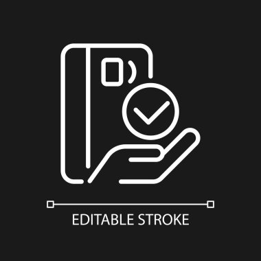 Koyu renk tema için kredi kartı pikseli mükemmel beyaz doğrusal simge ile ödeme. İnternetten al. Banka kartı. İnce çizgili çizim. Gece modu için izole edilmiş sembol. Düzenlenebilir felç. Kullanılan Arial yazı tipi