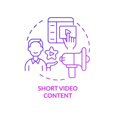 Kısa video içeriği mor gradyan konsept simgesi. Müşteri dahil. Promosyon videosu. Pazarlama eğilimi soyut fikir ince çizgi çizimi. İzole bir taslak çizim. Kullanılan sayısız Pro-Kalın yazı tipi