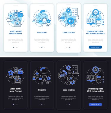 Mobil uygulama ekranında gece gündüz içerik pazarlama eğilimleri. Doğrusal kavramlarla dolu dört adımda grafik talimatları uygula. UI, UX, GUI şablonu. Kullanılan sayısız Pro-Kalın, Düzenli yazı tipleri