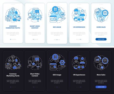 Güncel pazarlama eğilimleri gece gündüz mobil uygulama ekranında. Çizgisel kavramlarla dolu 5 aşamalı grafik talimatları. UI, UX, GUI şablonu. Kullanılan sayısız Pro-Kalın, Düzenli yazı tipleri