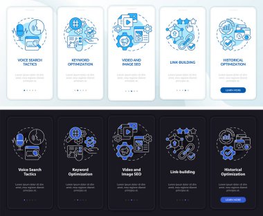 SEO pazarlama trendleri gece gündüz mobil uygulama ekranında. Çizgisel kavramlarla dolu 5 aşamalı grafik talimatları. UI, UX, GUI şablonu. Kullanılan sayısız Pro-Kalın, Düzenli yazı tipleri