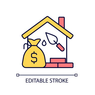 İnşaat kredisi RGB renk simgesi. Kendi kendine kredi. Ev inşaatı için kredi alın. Ev projesi. İzole vektör çizimi. Basit bir çizgi çizimi. Düzenlenebilir felç. Kullanılan Arial yazı tipi