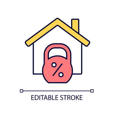 Ev kredisi RGB renk simgesi. Ev almak için banka kredisi. Mülk satışı. Gayrimenkul sahibi. İzole vektör çizimi. Basit bir çizgi çizimi. Düzenlenebilir felç. Kullanılan Arial yazı tipi