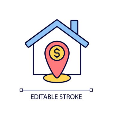 Özellik konumu tahmini RGB renk simgesi. Emlak değerlendirmesi. Altyapı ve manzara. Mülk satışı. İzole vektör çizimi. Basit bir çizgi çizimi. Düzenlenebilir felç. Kullanılan Arial yazı tipi