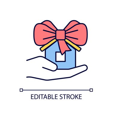 House bağış RGB renk simgesi. İhtiyacı olan insanlara hediyelik eşya. Gayrimenkul hayır. Emlak katkısı. İzole vektör çizimi. Basit bir çizgi çizimi. Düzenlenebilir felç. Kullanılan Arial yazı tipi