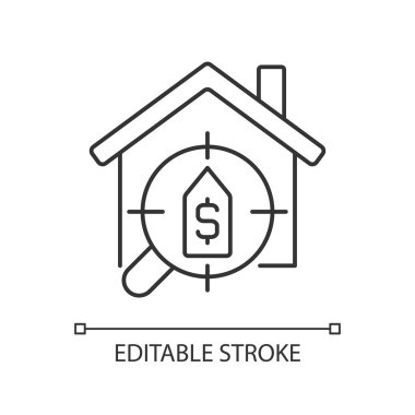 Ev arama servisi doğrusal simgesi. Konut bulmaya yardım et. Kiralık daire ve ev. Gayrimenkul. İnce çizgili çizim. Contour sembolü. Vektör çizimi. Düzenlenebilir felç. Kullanılan Arial yazı tipi
