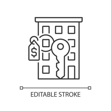 Düz satış simgesi. Apartman dairesi. Gayrimenkul. Mülk satışı. Uygun bir fiyat. İnce çizgili çizim. Contour sembolü. Vektör çizimi. Düzenlenebilir felç. Kullanılan Arial yazı tipi
