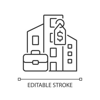 Şirket malları doğrusal simge satıyor. Ticari gayrimenkul satışı ve alımı. Şirket bürosu ticareti. İnce çizgili çizim. Contour sembolü. Vektör çizimi. Düzenlenebilir felç. Kullanılan Arial yazı tipi